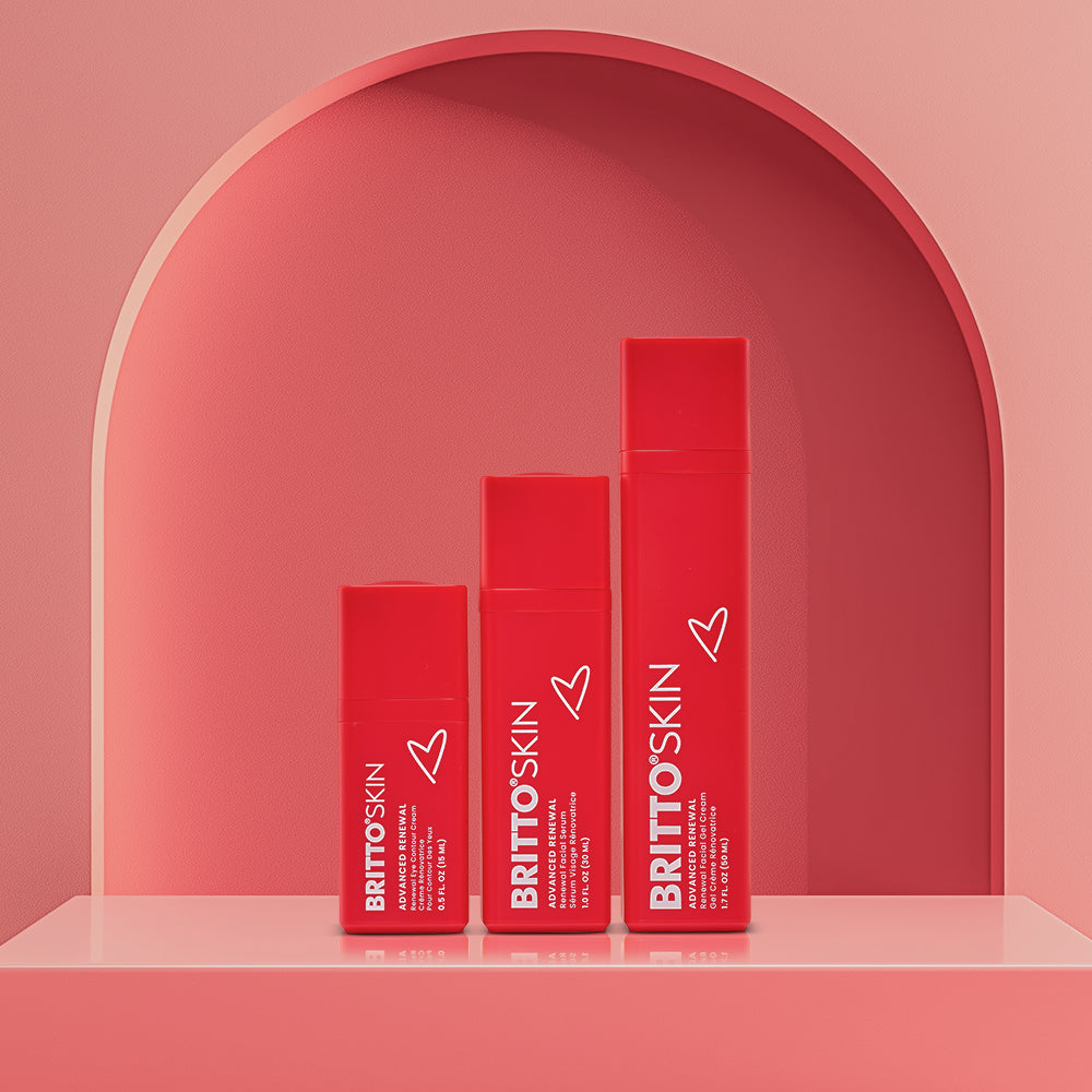 A studio photo of the Advanced Renewal Collection on a pink colored setting